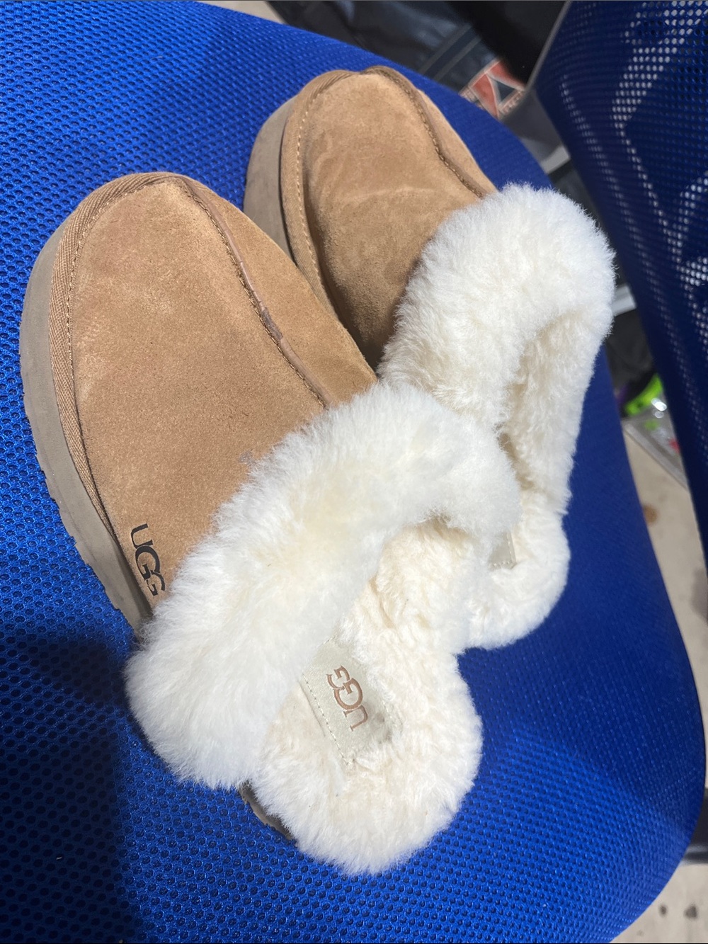 UGG Chestnut Suede Slip-On Slippers with Cream Shearling